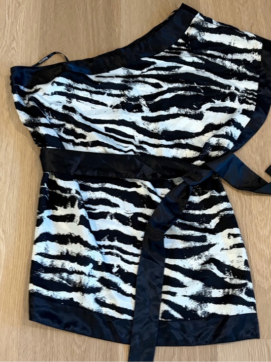 bebe Tops - bebe Black & White Zebra-Print One-Shoulder Blouse with Satin Waist Tie